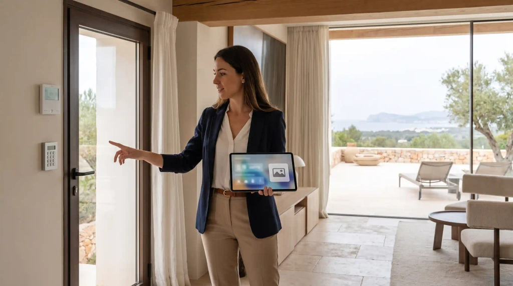 Professional property manager inspecting an Ibiza villa for an international owner.